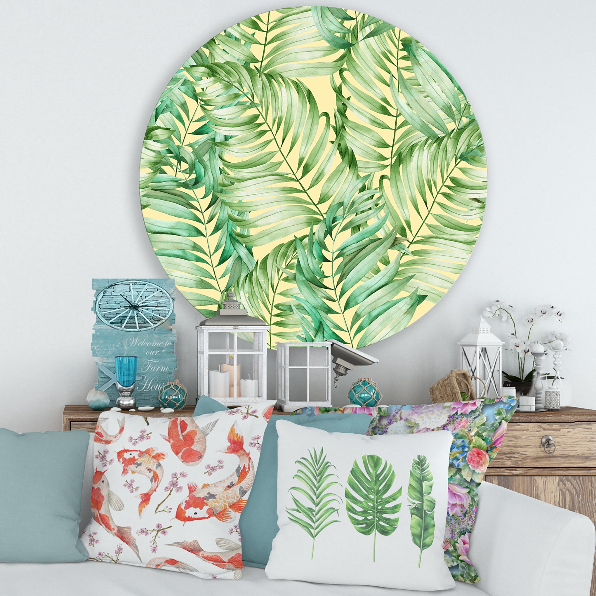 Designart 'Tropical Green Leaves of Monstera' Tropical Circle Metal Wall Art 29x29 - Disc of 29