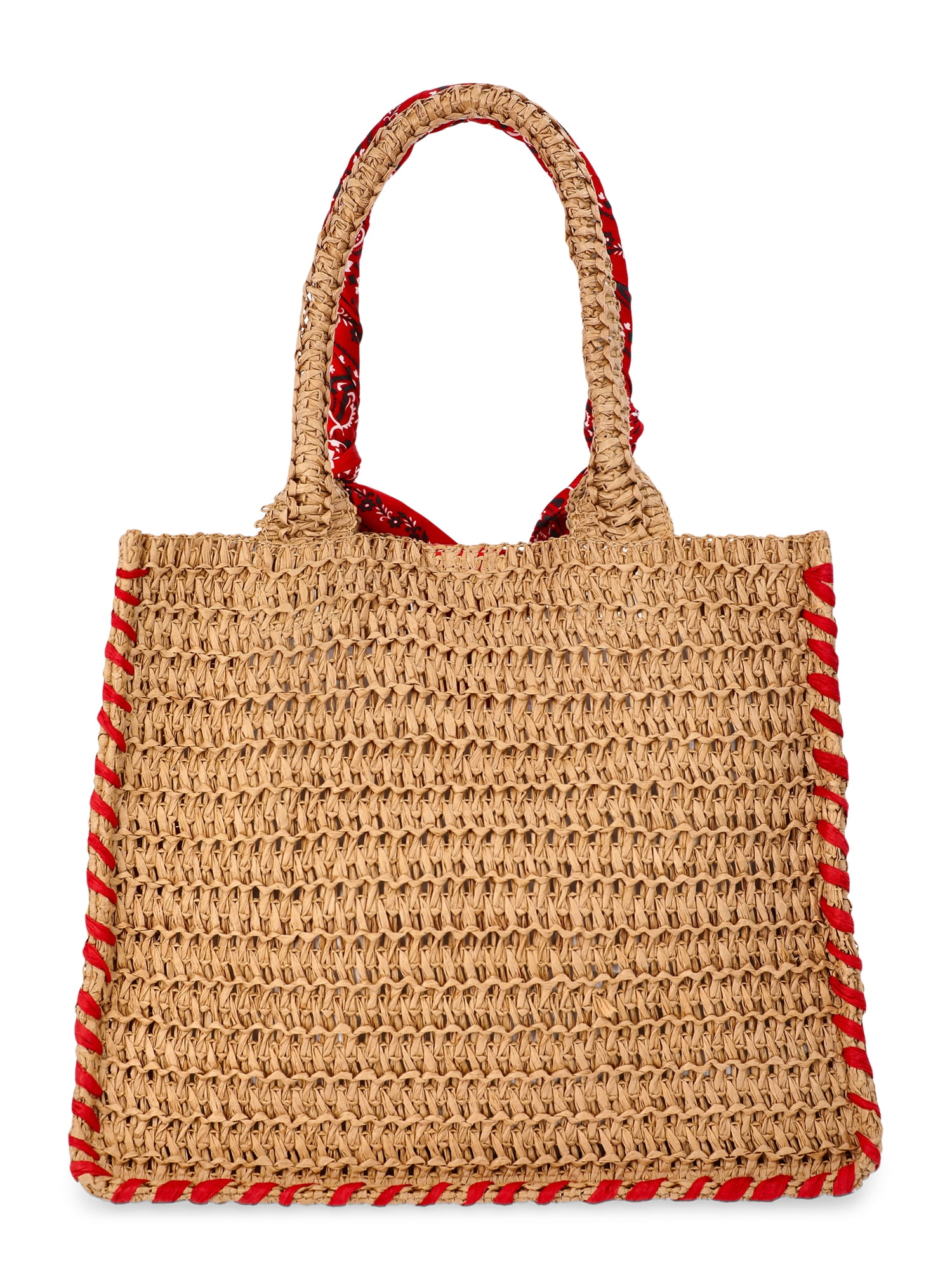 No Boundaries Women's Beach Icons Mini Straw Tote Bag, Natural with Lobster Embroidery