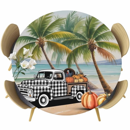 Summer Palm Trees Round Tablecloth Fitted Table Cover with Elastic for 45 -54 Round Tables Beach Fall Pumpkins Seaside Vintage Car Table Cloth Outdoor Indoor Dinning Party Waterproof Tablecloths