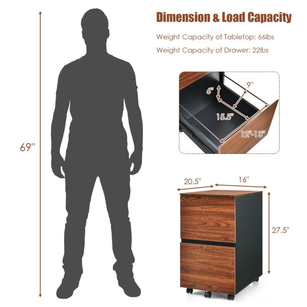 Demi Bonn 2 Drawer Rolling Filing Cabinet with 2 Locking Wheels, Wood Storage Cabinet, Brown