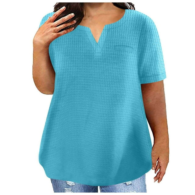 FAIWAD Womens Summer Tunic Tops Plus Size Casual Notch V Neck Tops Short Sleeve Solid Color Loose T-Shirt