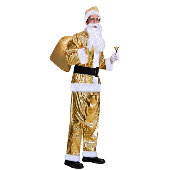 Santa Outfits for Men Adult Santa Suit Gold Top and Pants 6PCS Set Christmas Suits for Men Party Suit L