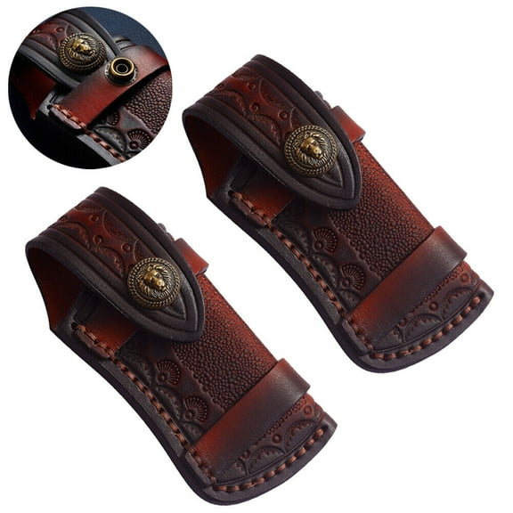 2PC Hand Made Carved Cow Leather Sheath For Folding Knife Cover Pouch Belt Clip-