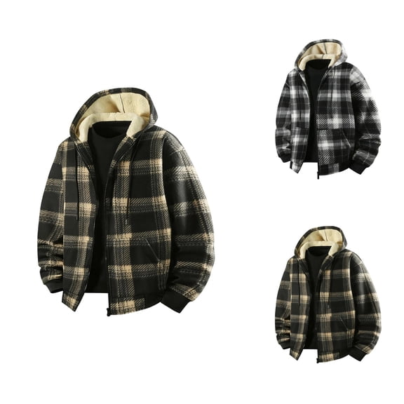 Plaid Hoodie for Men 2025 Fall Winter Long Sleeve Fleece Lined Warm Zip Up Hooded Sweatshirt with Pockets Jacket Coat