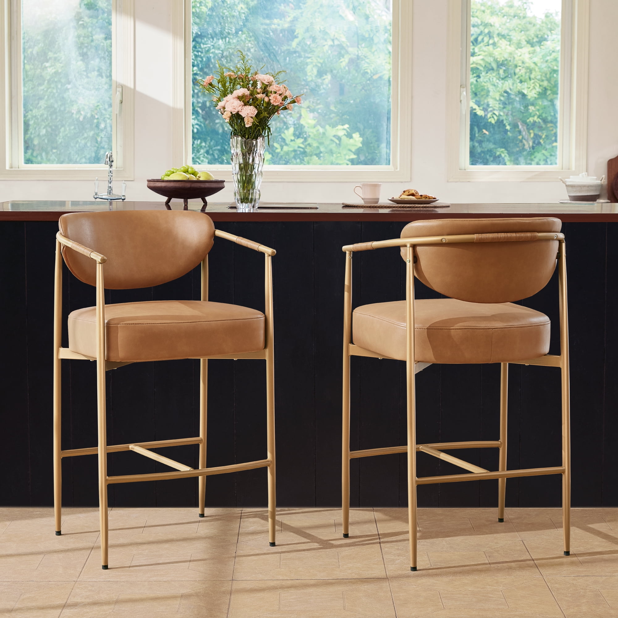 Spruce & Spring Modern Counter Bar Stool with Woven Strap Arms & Gold Metal Frame Set of 2, Brown with Gold Frame