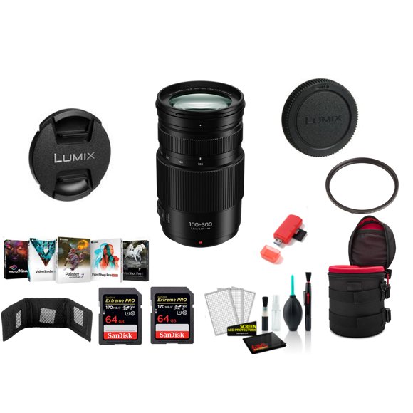 Panasonic Lumix G Vario 100-300mm F/4-5.6 II POWER O.I.S. Telephoto Zoom Lens - Bundle with 2x 64GB Memory Card, Editing Software and More (International Model)