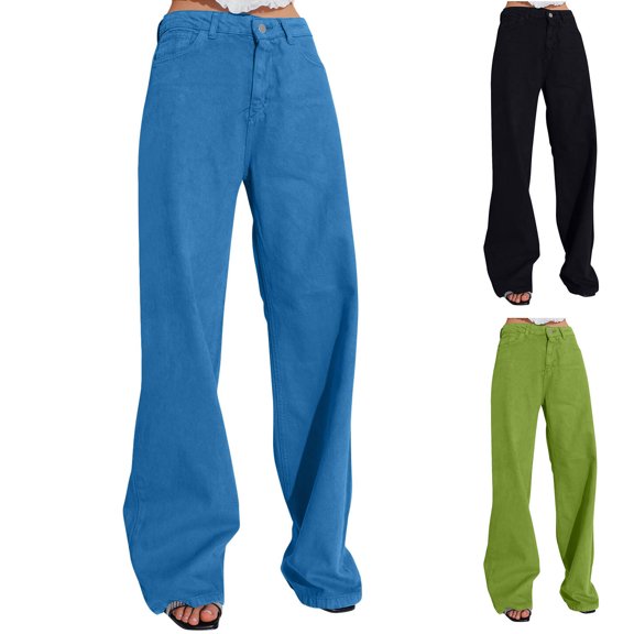 Casual Breathable Comfortable Jeans for Women Solid Color Loose And Versatile Multi Colored Wide Leg Jeans And Pants Women's Trendy High Waisted Slim Fit Wide Leg Denim Pants With Multiple Pockets
