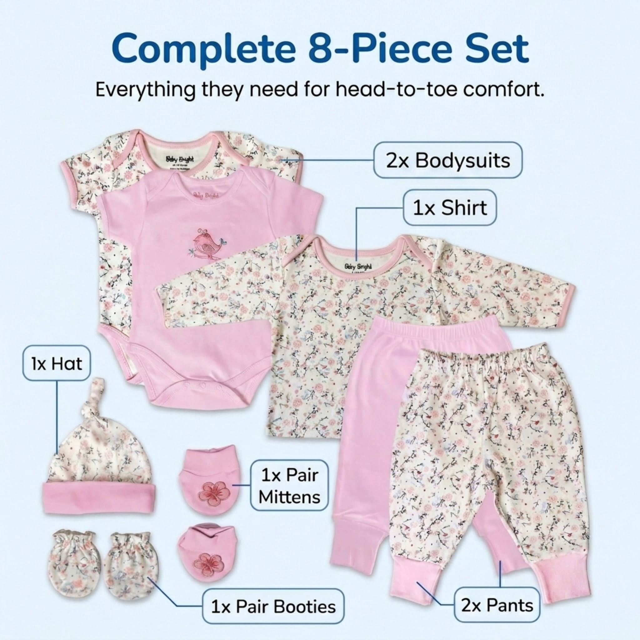 Baby Bright Newborn Essentials Must Have Clothes for Baby Girl, Outfit Gifts for Infant, Baby Shower Gift, 8-Pieces, Size 0-3 Months