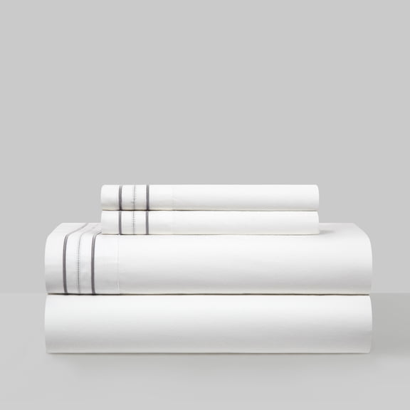 4 Piece Freeya Organic Cotton Sheet Set Solid White With Dual Stripe Embroidery