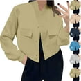 thumbnail image 6 of Women's Cropped Bomber Jacket Lightweight Casual Button Up Coat Fashion Cargo Windbreaker Outerwear with Pockets, 6 of 6