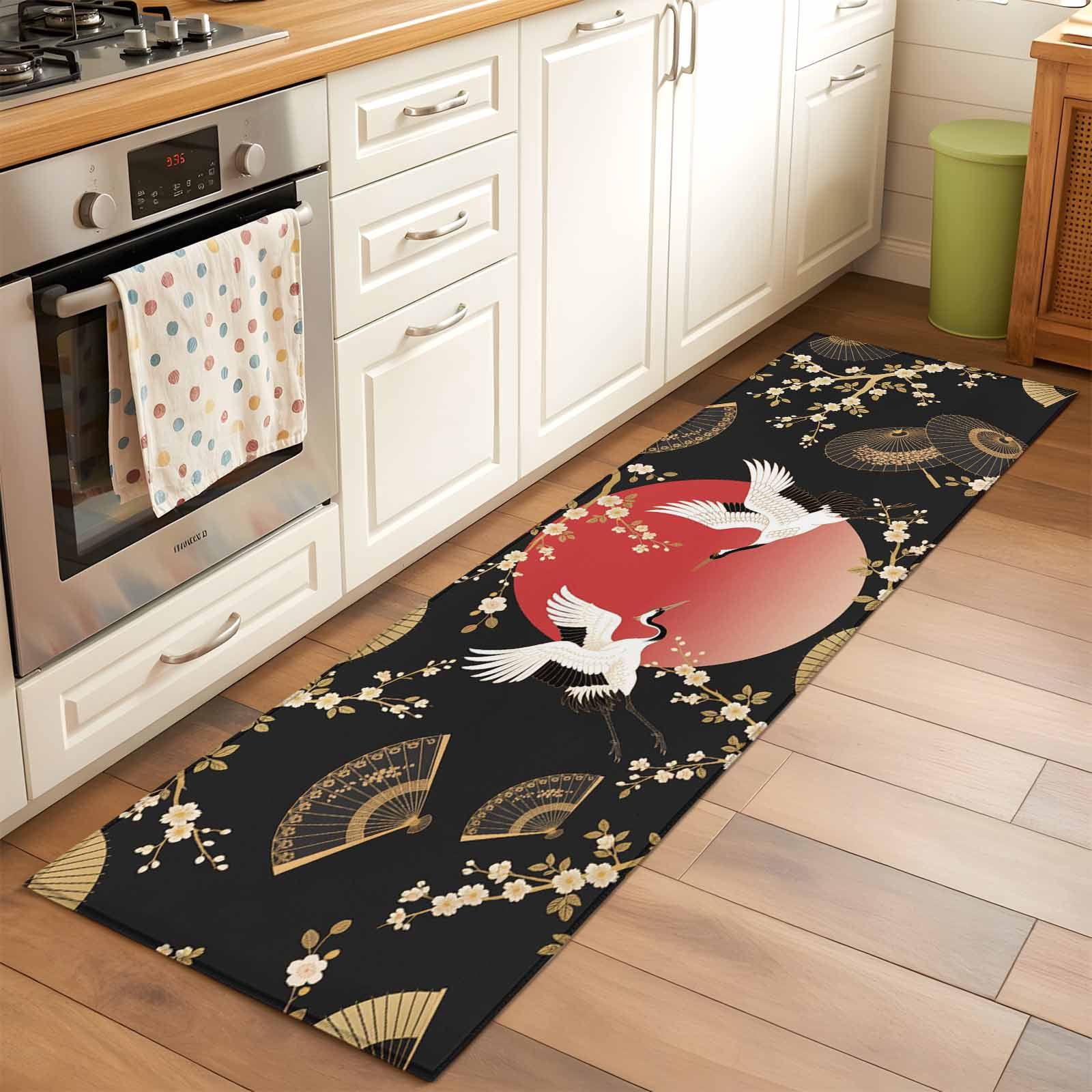 Area Rug 2x6ft Cherry Blossom Crane Carpets Indoor Floor Area Mat Washable Entrance Mat Rugs for Living Room Dining Room Kitchen Bedroom, Paper Fan Japanese Style Sofa Throw Carpet