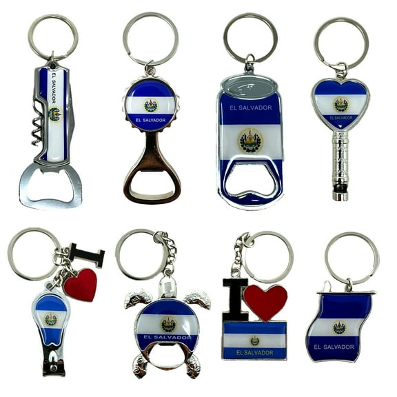 8 Pack El Salvador Keychains Country Metal Keychain, 4 Bottle Opener, Heart-shaped Whistle, Bottle Cap, Flag, Turtle, etc. Souvenir Keychains, Gift, Bulk