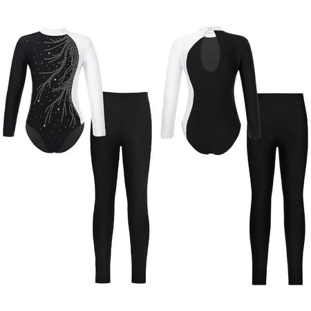 Aislor Girls Sparkly Long Sleeves Gymnastics Leotard Ballet Dance Bodysuit Unitard with Leggings Set Size 6-16 White&Black 16