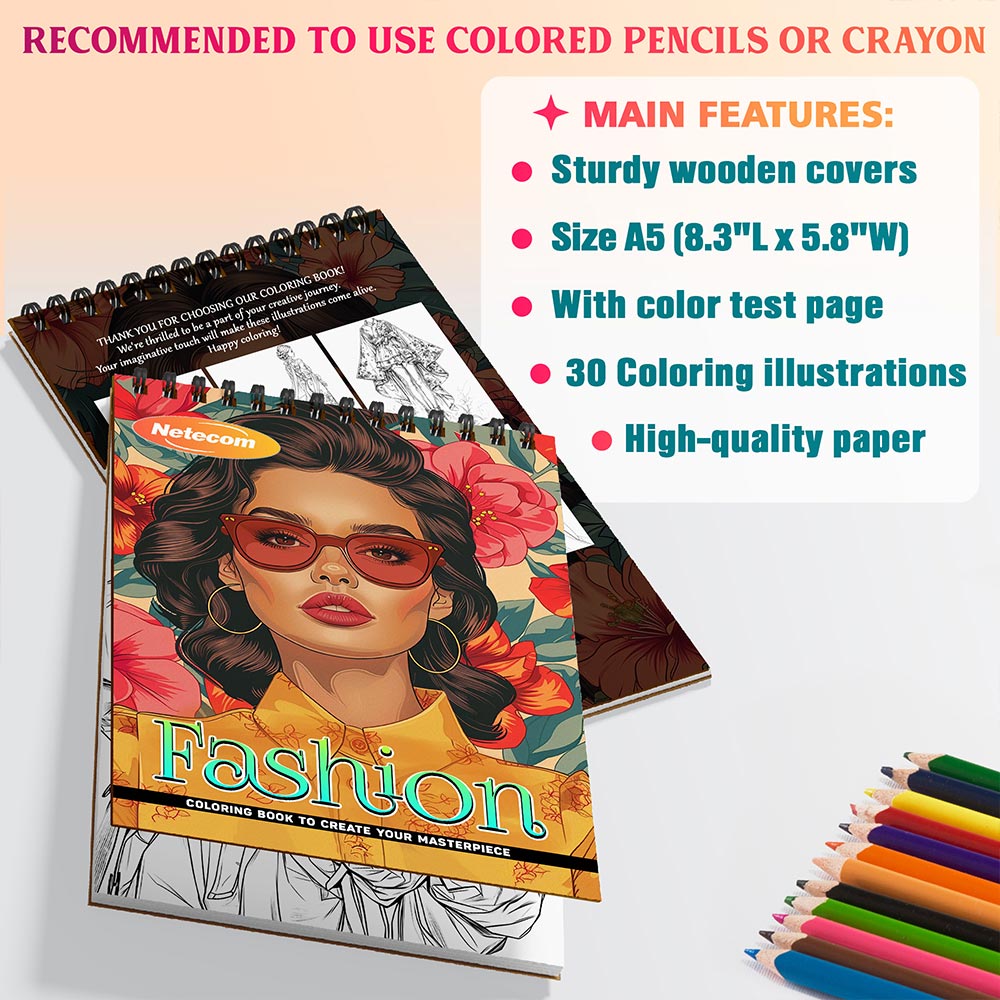 Netecom Fashion Coloring Book Spiral Bound For Adults, A5 Wooden Cover, 30 Elegant Coloring Pages of High-End Fashion for Stress Relief and Relaxation