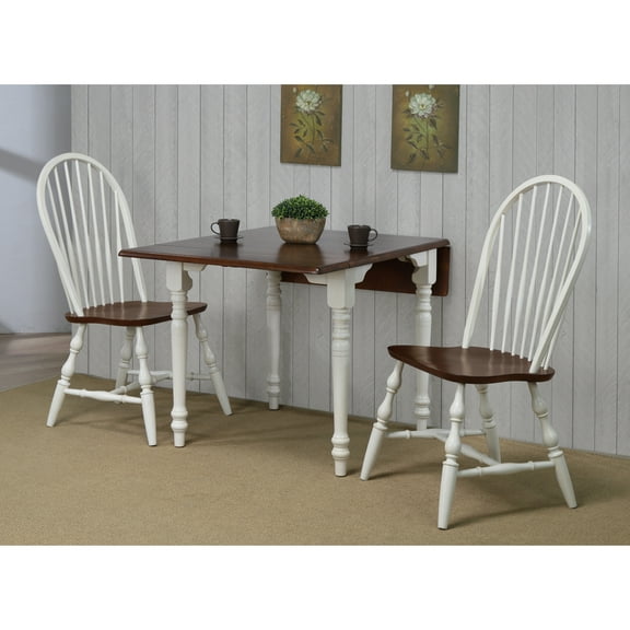 Rectangular Dining Set - 3 Piece Table & Chair Set - Expandable Drop Leaf Table - Antique White & Brown