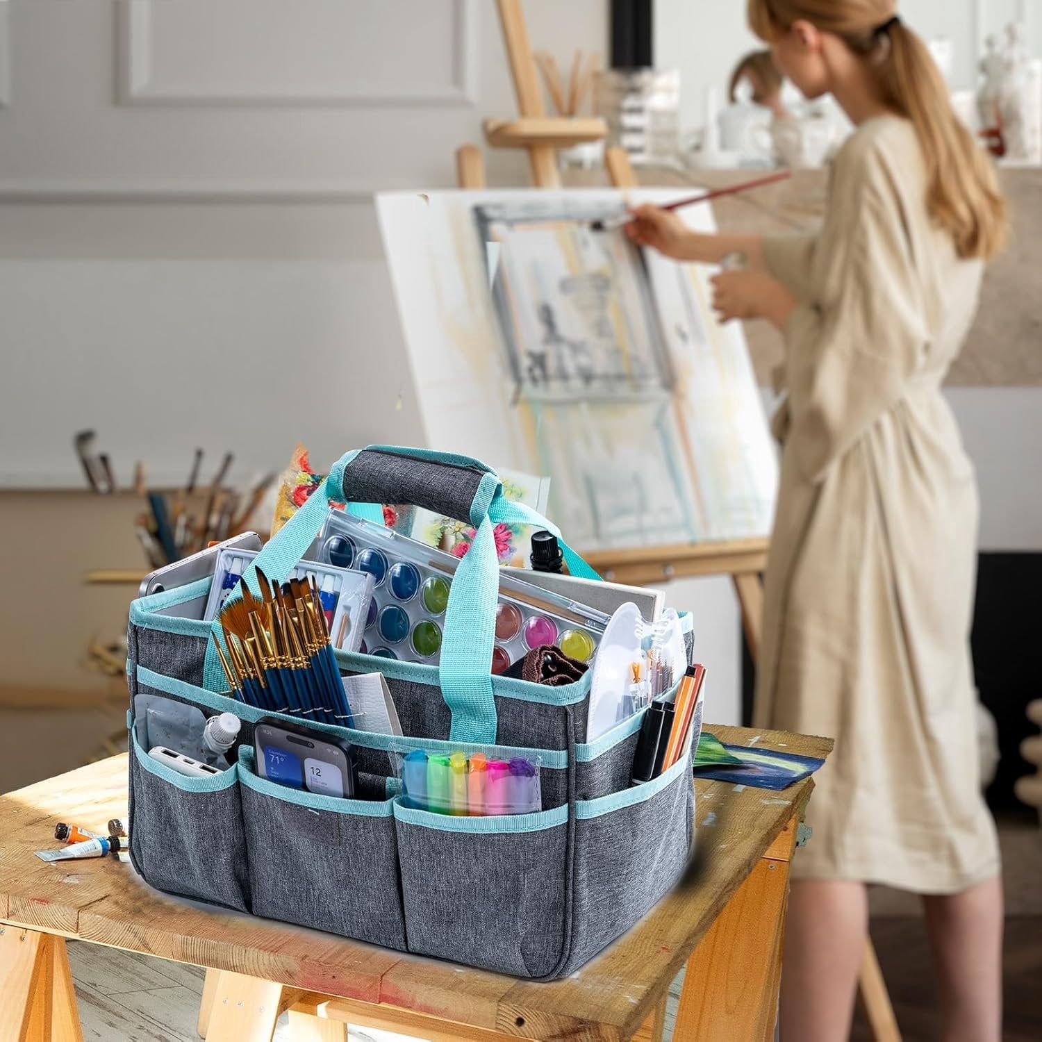 Art  Organizer Tote Bag - Craft  with Handle, Utility Storage Tote with Multiple Pockets & Adjustable Divider for Sewing, Scrapbooking, School, Office,  Supplies