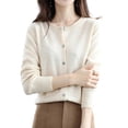 thumbnail image 2 of Women Solid Color Round Neck Long Sleeve Sweater Spring and Autumn All-Match Knitted Cardigan Jacket Beige L, 2 of 8