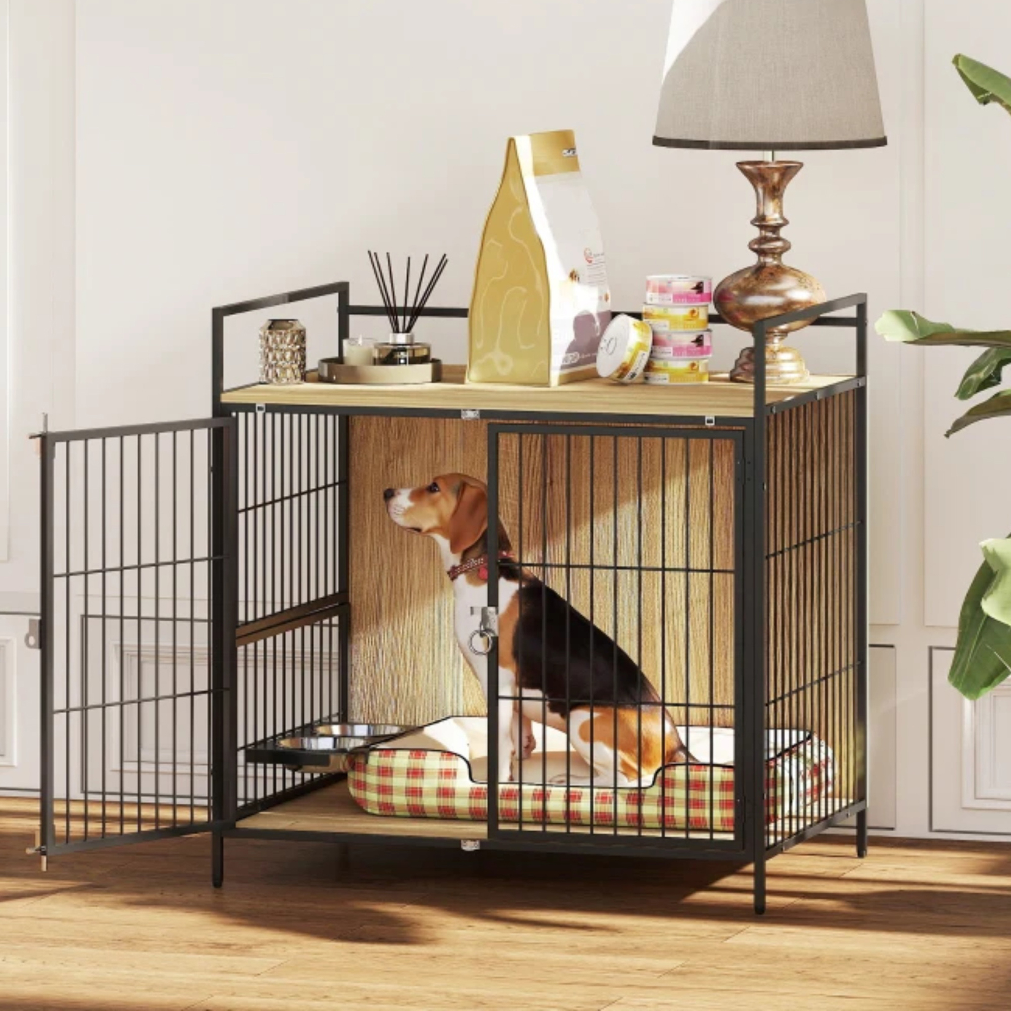 Pefilos 31" Furniture Style Dog Crate with Rotatable Feeding Bowl, 2 Anti-Escape Doors, Indoor Pet Kennel Dog Cage for Medium Dogs, Beige