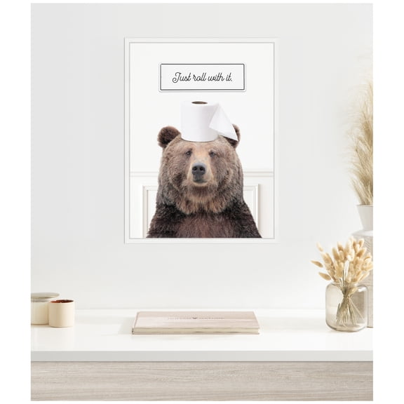 Kate and Laurel Bear Just Roll with It Bathroom Framed Canvas Wall Art by Amy Peterson 18 x 24 Sylvie White, Whimsical, Humor, Animals, Bathroom Art for Wall Decor, Living Room, Bedroom