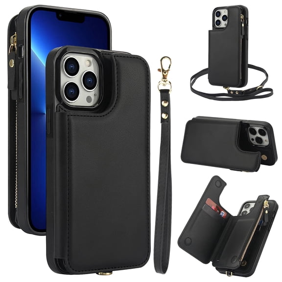 Wallet Case for iPhone 16 Pro Max with Card Slot Holder, Magnetic Flip Folio Purse Case, Zipper Handbag with Detachable Lanyard Strap