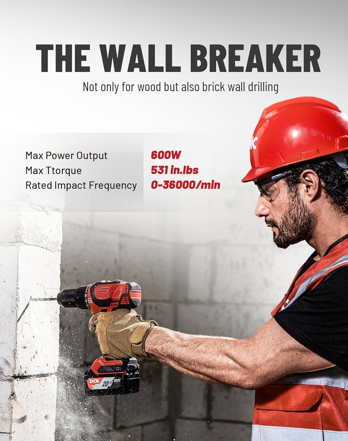 20V Brushless Hammer Drill, 531 in.lbs, 36000 BPM, 1/2" Keyless -Metal Chuck, 4.0Ah , 22+1+1 Clutch,  Drill Kit for Drilling Brick Wall, Metal, , KDJZ05-13
