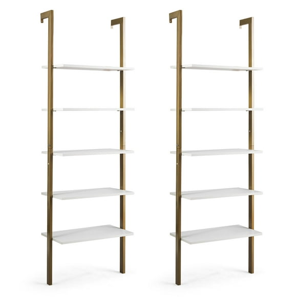 Gymax 2PCS 5-Tier Ladder Shelf Wood Wall Mounted Display Bookshelf Metal Frame White & Gold