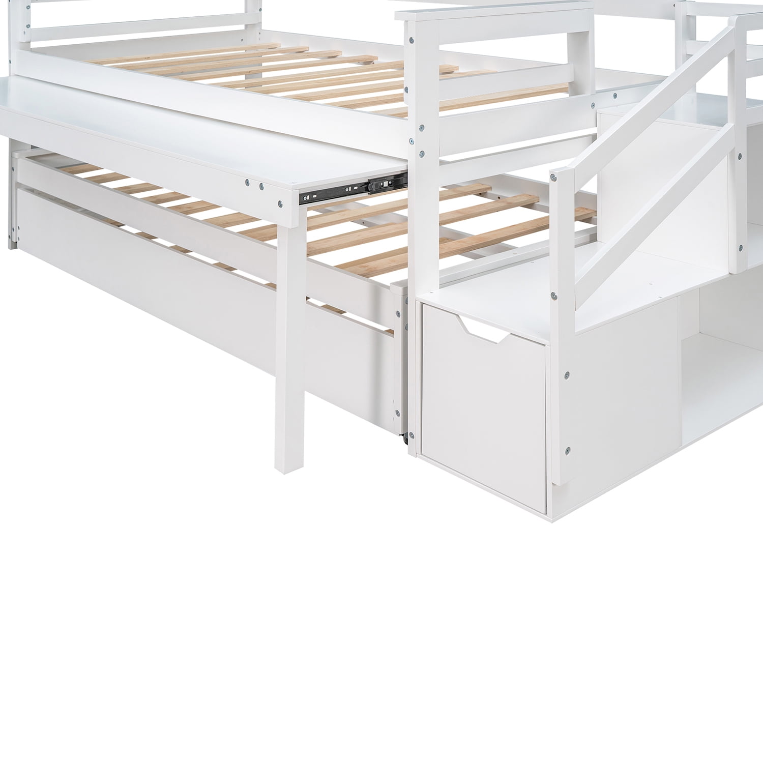 Kepooman Twin Size Daybed with Double Trundle, Flexible Shelf and Storage Staircase, White Kepooman Twin Size Daybed with Double Trundle, Flexible Shelf and Storage Staircase, White