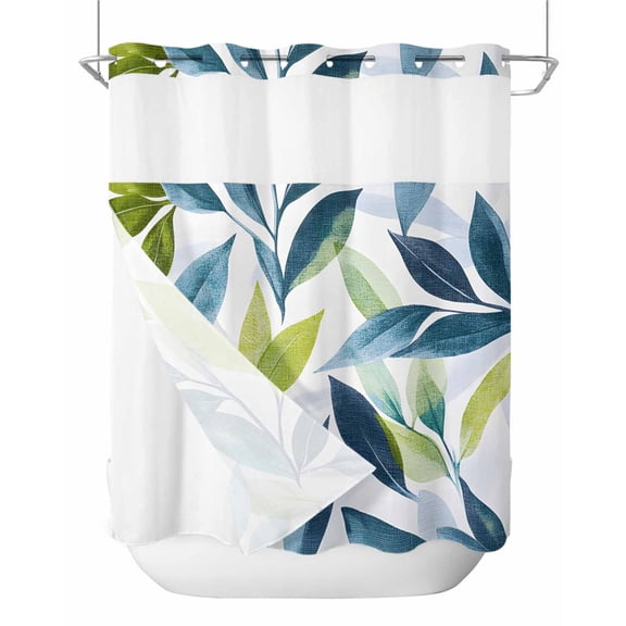 No Hook Shower Curtains with Snap in Liner, Teal Green Leaves Waterproof Fabric Shower Curtain, Pastoral Summer Botanical Double Layers & See-Through Top Window Bathroom Curtains 66''x72''