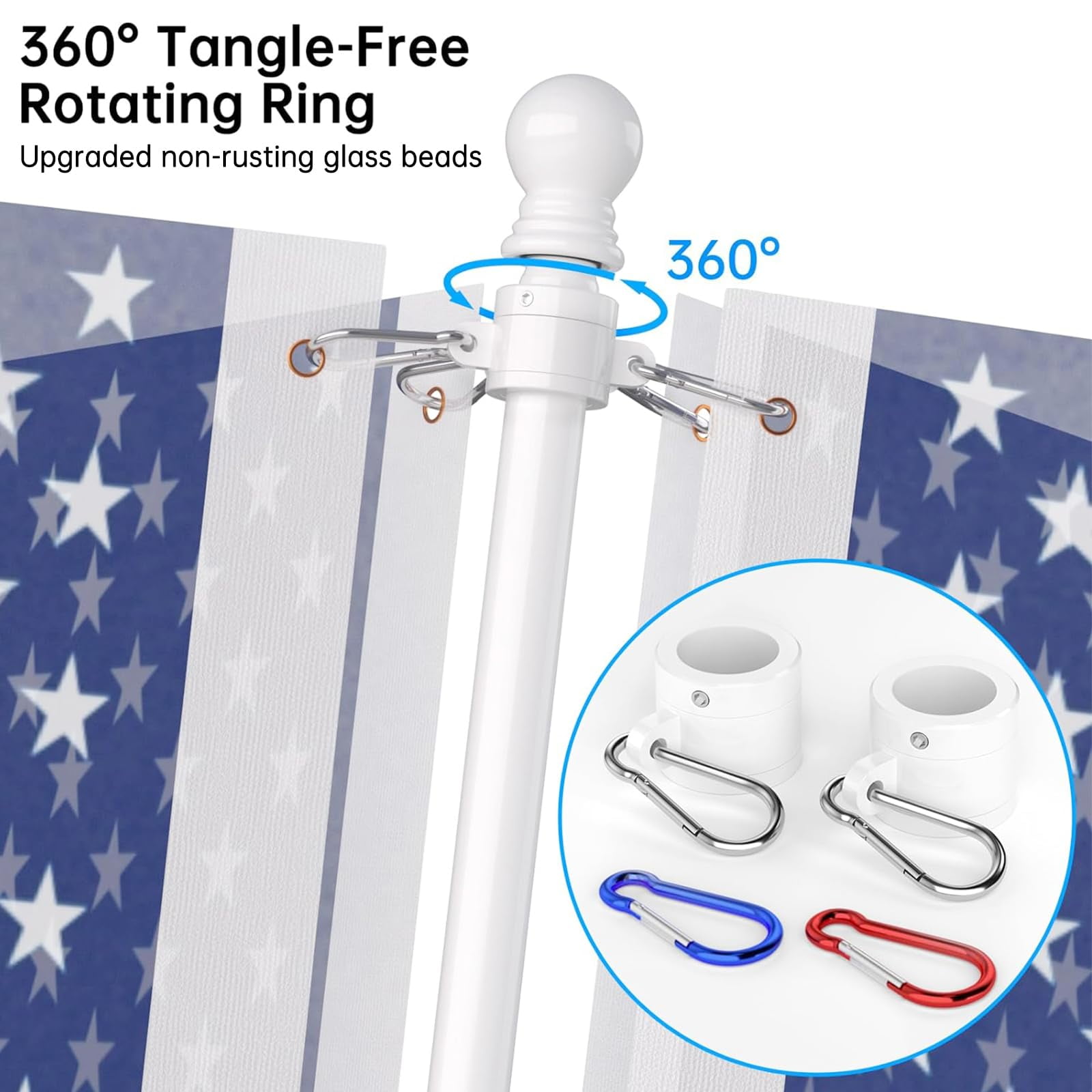 FIASON 1 Pack 5 FT White Stainless Steel Tangle Free Wall-Mounted Flag Pole with Upgraded Bracket, Flag Pole Kit for Outside House, Residential or Commercial for American Flag (Without Flag)