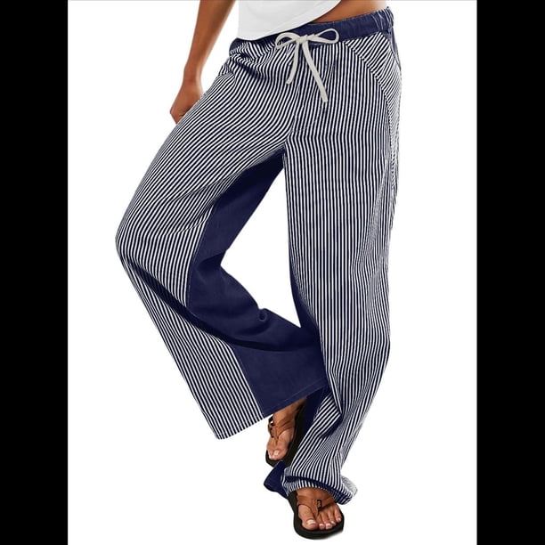 Pantalones de Rayas de Tiro Bajo para Mujer, Vaqueros Bohemios de Pierna con Cordón Ajustable, Tendencia 2025 Azul Marino S