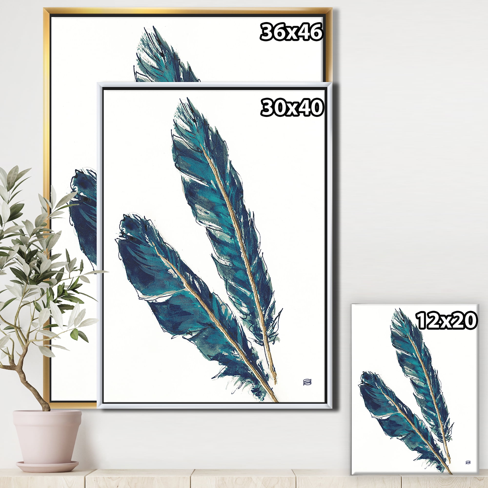 Designart ' Gold Indigo Feathers III ' Modern Bohemian Framed Canvas