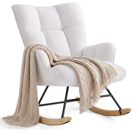 Upholstered Glider Rocking Chair with High Backrest and Padded Seat for Nursery, Living Room, Bedroom, or Office (White)