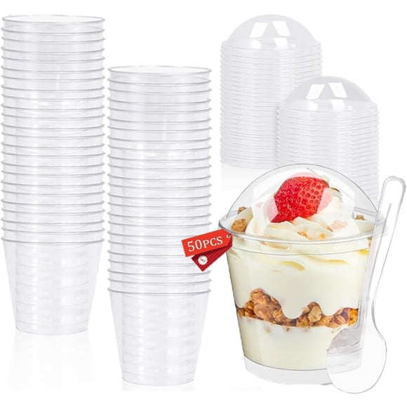 Tazas de Postre 7 Onzas, 50 Vasos de Postre con Tapas y Cucharas, 200ml Copa Redonda de Postre, Vasos de Aperitivo, para Mousse, Pudding, Helado, Bebidas, Etc.