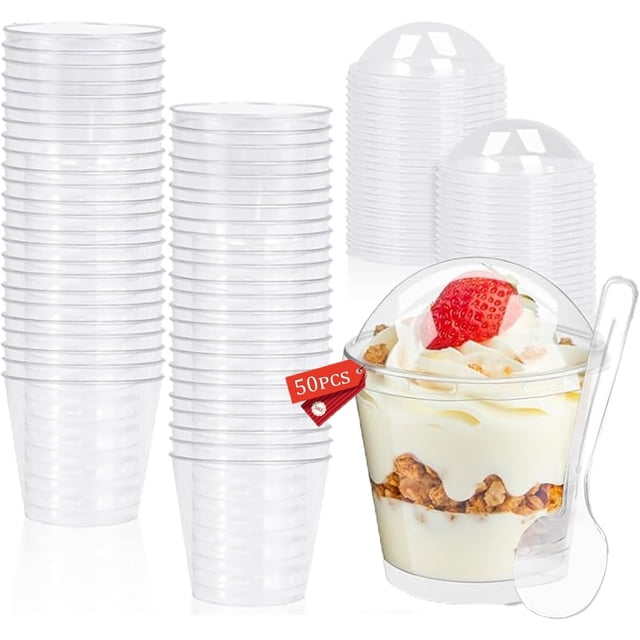 Tazas de Postre 7 Onzas, 50 Vasos de Postre con Tapas y Cucharas, 200ml Copa Redonda de Postre, Vasos de Aperitivo, para Mousse, Pudding, Helado, Bebidas, Etc.