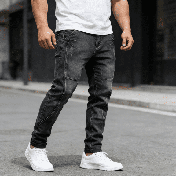 2026 New Men's Black Moto Stretch Jeans: Distressed Utility Panel Denim | Comfort Flex Fabric, Standard Sizing (30-40)