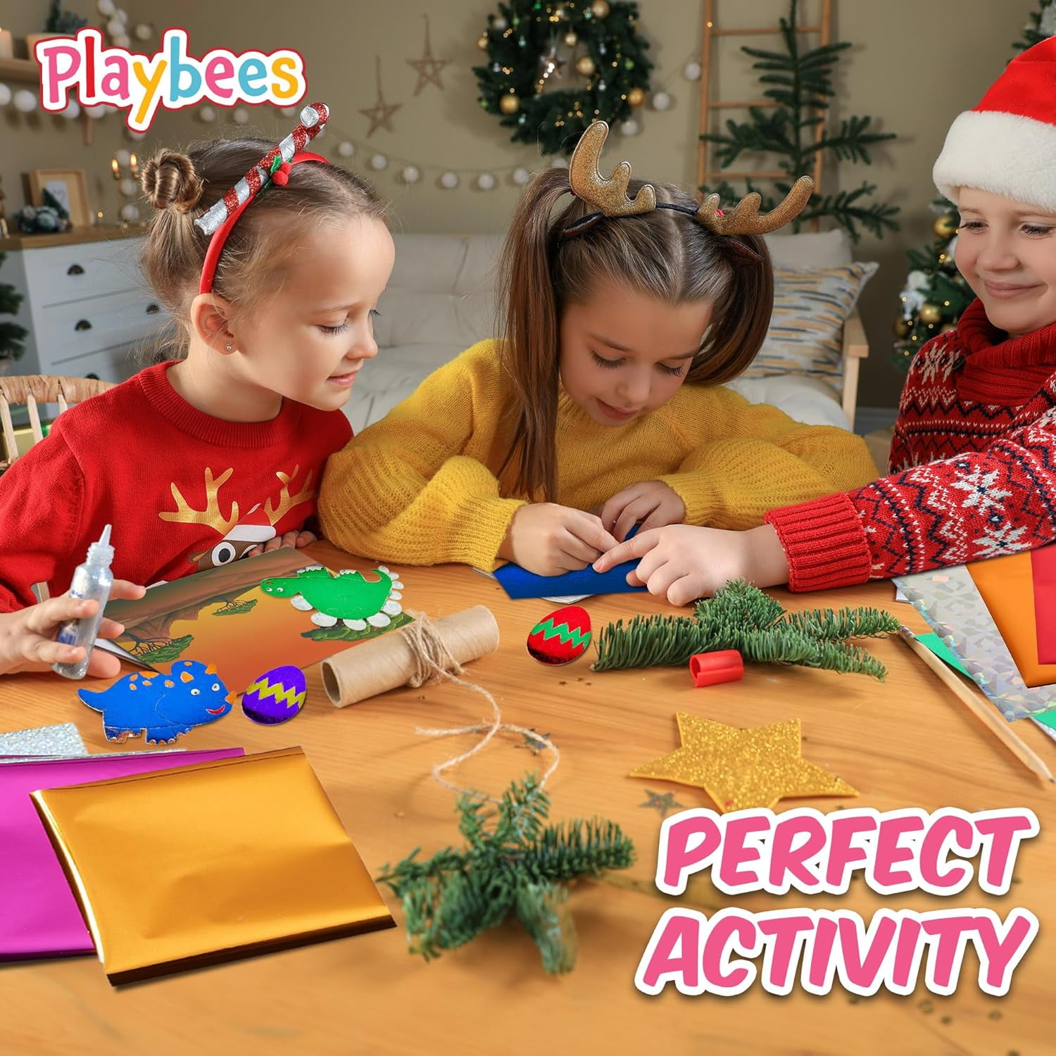 Playbees Foil Fun Dinosaurs - Preschool Arts and Crafts Kit for Kids- No Mess Art for Boys & Girls Ages 4, 5, 6, 7, 8, 9 Years Old - DIY Creative Activity - Art & Craft Activity - Art Supplier Toys