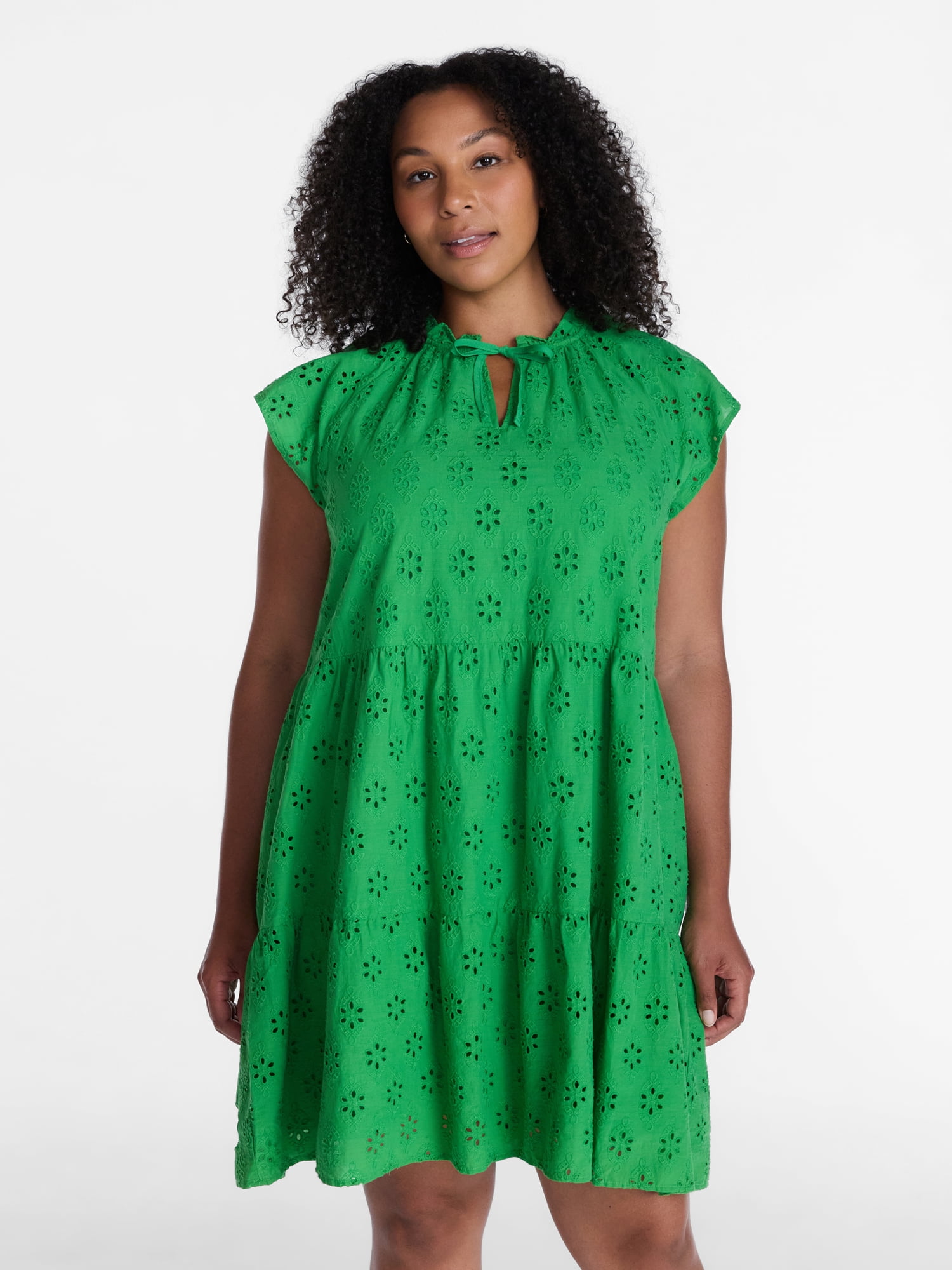 Time and Tru Women's Tiered Cotton Eyelet Mini Dress with Flutter Sleeves, Sizes XS-XXXL