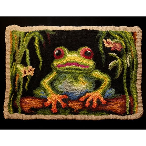 Green Frog Latch Hook Rectangle Rug Kits for Adults Needle Crochet Yarn Kits Embroidery Carpet Hook and Latch Kit Floor Mat Tapestry Christmas Home Decoration 52x38cm