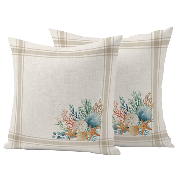 Outdoor Pillow Covers 20x20 Set of 2, Summer Coastal Waterproof Patio Throw Pillow Covers for Couch Sofa Chair, Nautical Beach Marine Life Beige Striped Decorative Pillowcases for Throw Pillows