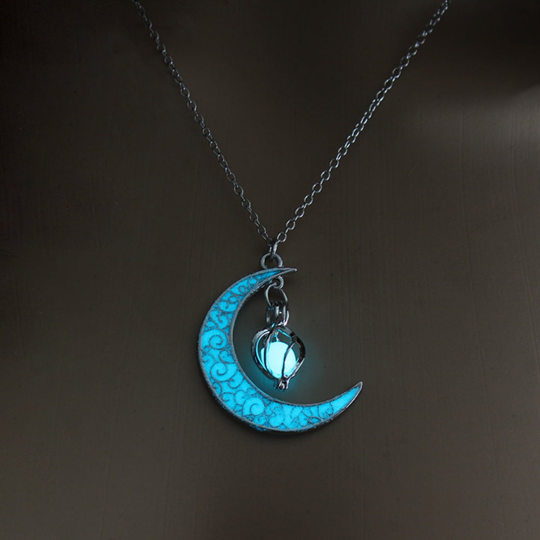 GAJSDJHN Necklaces Jewelry Silver Color Alloy Lotus Flower Luminous Glow in The Dark Crescent Pendant Necklace for Women Jewelry 