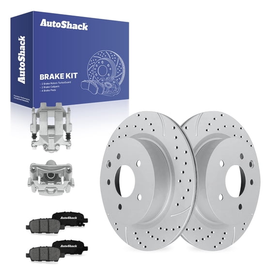 AutoShack Rear Vented Drilled & Slotted Coated Brake Rotors Silver Matte Finish   Premium Ceramic Pads   Calipers 8-PC Brake Kit Replacement for 2009-2014 Nissan Maxima TurboGuard 12.12" (307.8 mm)