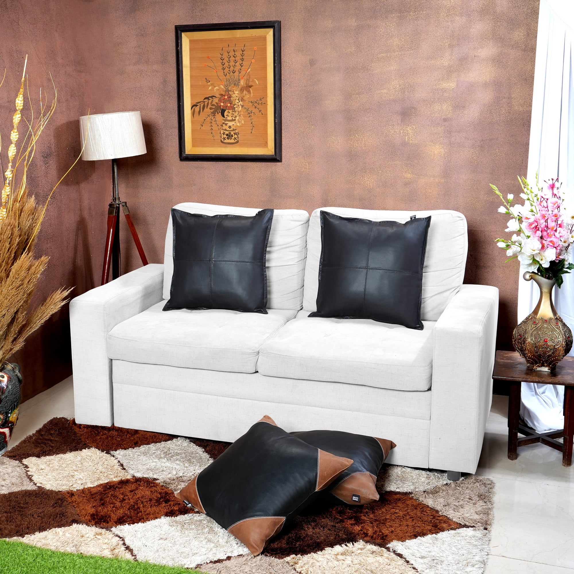 Lambskin Leather Pillow Cover, Sofa Cushion Case, Home Decor Style for Living Room & Bedroom, Black Box, 14x14