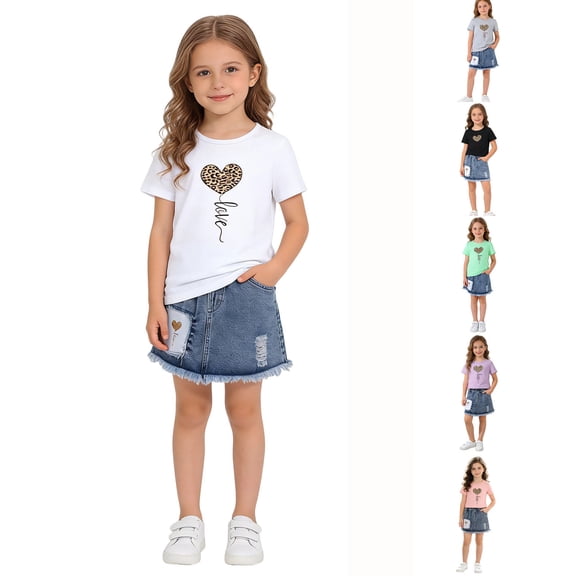 CHENge Little Girls 2 Piece Outfits, Heart Print T-Shirt and Frayed Denim Skirt Set for Kids Summer Wear