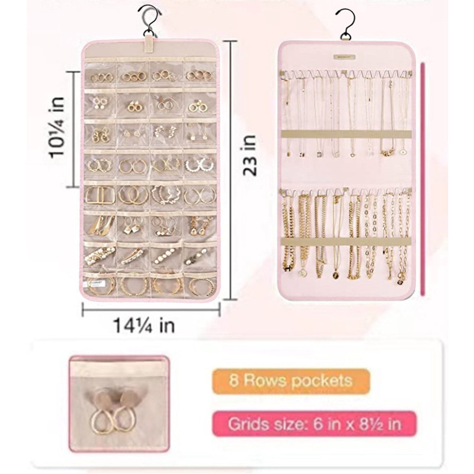 XKHHLH Hanging Jewelry Organizer Storage Roll with Hanger Hooks Double-Sided Jewelry Holder for Earrings, Necklaces, Rings on Closet, Wall, Door