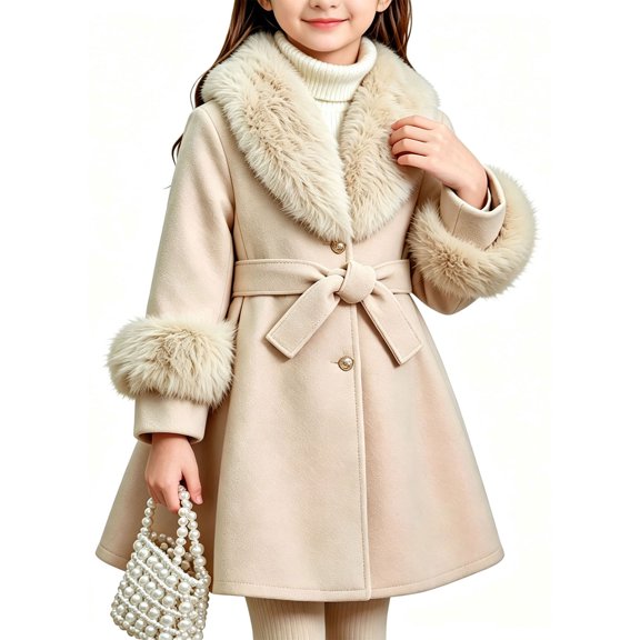 Girls Faux Furry Collar Trench Coat Mid Length Belted Winter Dress Coat for School Parties Holidays and Cold Weather Ages 3-12