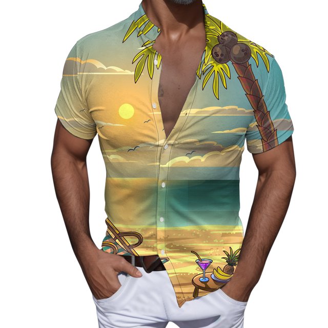 Camisas Cuello De Hombre Hombres Casual Manga corta Primavera Verano Turndown Neck 3D Impreso Camisas Moda Top Blusa Camisas (Green, L)