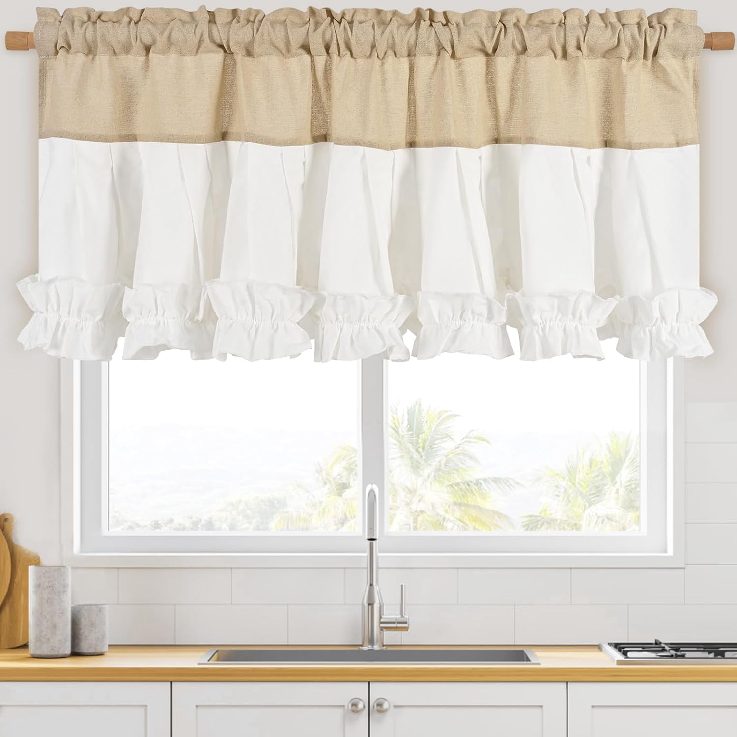 Alishomtll Linen White Ruffle Valance Curtains Rod Pocket Window Drapes Light Filtering 52"W×18"L