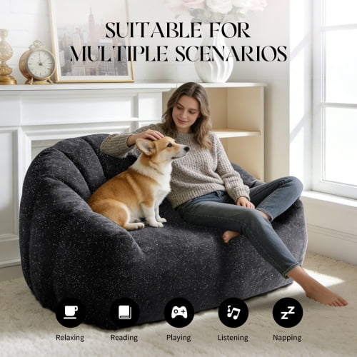 Bear Paw Sofa, Oversized Bean Bag Chair with Armrest, Shiny Silver Thread Faux Fur Plush, Filler Included, Ergonomic Comfy Seating for Living Room, Bedroom & Lounge, Black