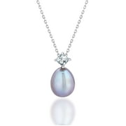 JeenMata Elegant Grey Akoya Pearl and Princess Cut Diamond with Prongs Pendant Necklace in 18K White Gold over Silver