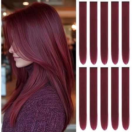 22 inch Burgundy Hair Extensions Colored Party Highlights Clip in Synthetic Cherry Red Hair Extensions Colorful Long Straight Hairpieces for Girls Women Favor (10 PCS Red)